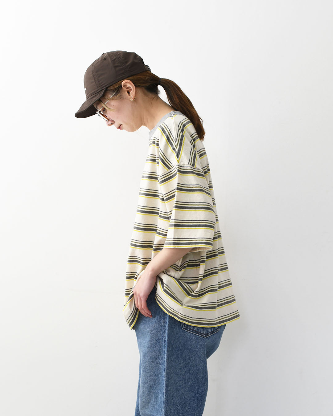 prit [プリット] 19/1リサイクルムラ糸天竺マルチボーダー5分袖クルーネックワイドTシャツ  [P91631] プリントTシャツ・5分袖・オーバーサイズ・ゆったりサイズ・チェック柄・ドット柄・フレーム柄・ドロップショルダー・LADY'S [2026SS]