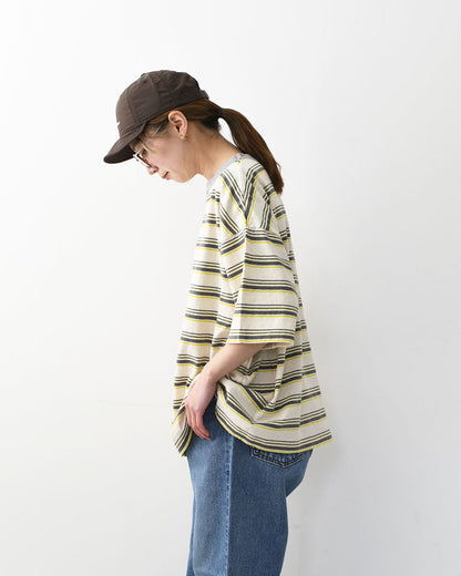 prit [プリット] 19/1リサイクルムラ糸天竺マルチボーダー5分袖クルーネックワイドTシャツ  [P91631] プリントTシャツ・5分袖・オーバーサイズ・ゆったりサイズ・チェック柄・ドット柄・フレーム柄・ドロップショルダー・LADY'S [2026SS]