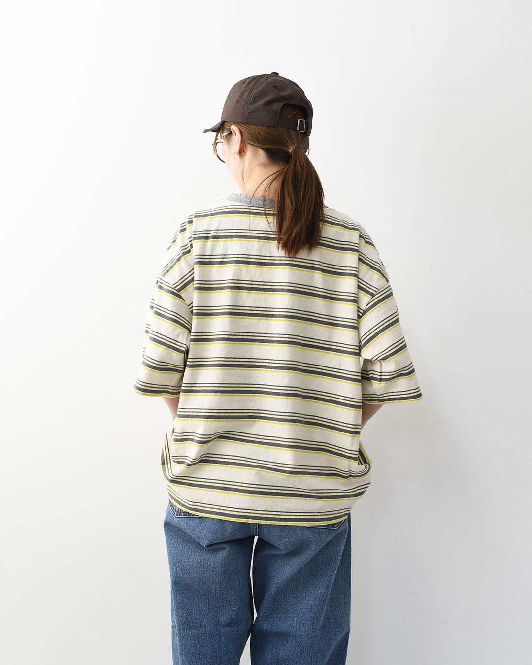 prit [プリット] 19/1リサイクルムラ糸天竺マルチボーダー5分袖クルーネックワイドTシャツ  [P91631] プリントTシャツ・5分袖・オーバーサイズ・ゆったりサイズ・チェック柄・ドット柄・フレーム柄・ドロップショルダー・LADY'S [2026SS]