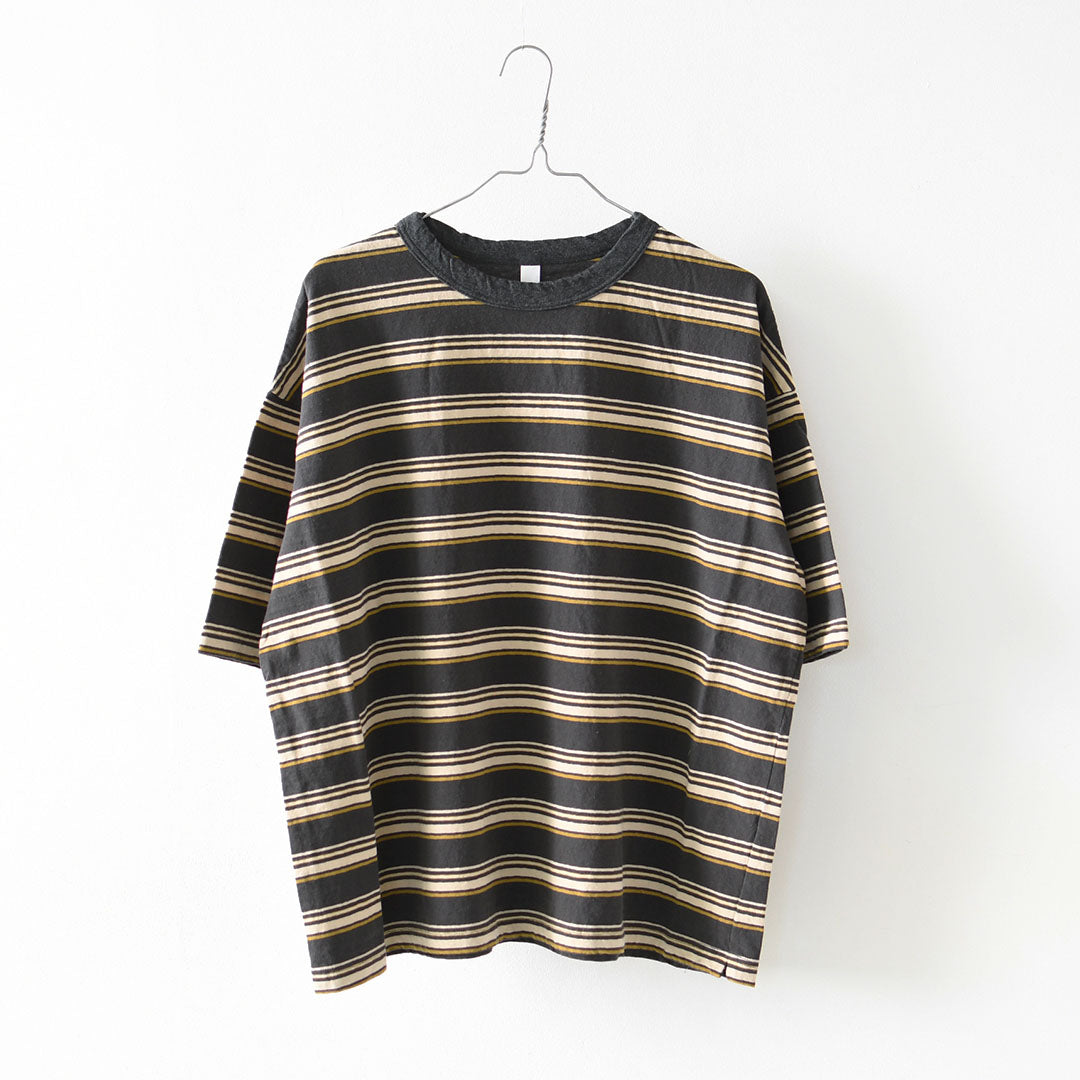 prit [プリット] 19/1リサイクルムラ糸天竺マルチボーダー5分袖クルーネックワイドTシャツ  [P91631] プリントTシャツ・5分袖・オーバーサイズ・ゆったりサイズ・チェック柄・ドット柄・フレーム柄・ドロップショルダー・LADY'S [2026SS]