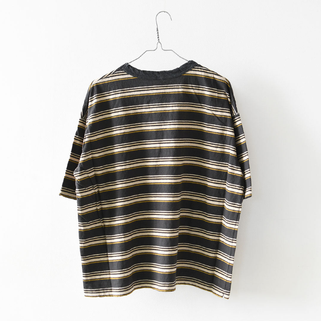 prit [プリット] 19/1リサイクルムラ糸天竺マルチボーダー5分袖クルーネックワイドTシャツ  [P91631] プリントTシャツ・5分袖・オーバーサイズ・ゆったりサイズ・チェック柄・ドット柄・フレーム柄・ドロップショルダー・LADY'S [2026SS]