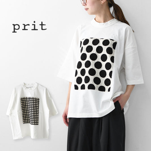 prit [プリット] 17/1空紡天竺×10/1ムラ糸プリント5分袖フレームTシャツ  [P91638] プリントTシャツ・5分袖・オーバーサイズ・ゆったりサイズ・チェック柄・ドット柄・フレーム柄・ドロップショルダー・LADY'S [2026SS]
