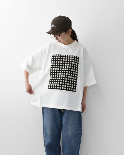 prit [プリット] 17/1空紡天竺×10/1ムラ糸プリント5分袖フレームTシャツ  [P91638] プリントTシャツ・5分袖・オーバーサイズ・ゆったりサイズ・チェック柄・ドット柄・フレーム柄・ドロップショルダー・LADY'S [2026SS]