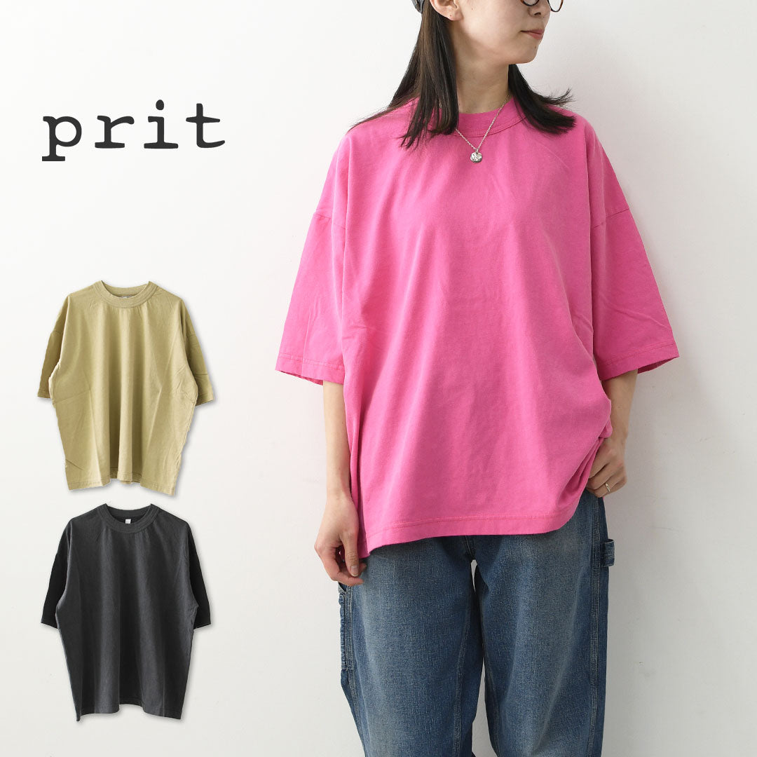 prit [プリット] 40/1引き揃え天竺ヴィンテージ加工5分袖クルーネックワイドTシャツ   [P92617] 5分袖Tシャツ・ワイドTシャツ・オーバーサイズ・ゆったりサイズ・ドロップショルダー・羽織り・ノーカラー・LADY'S [2026SS]