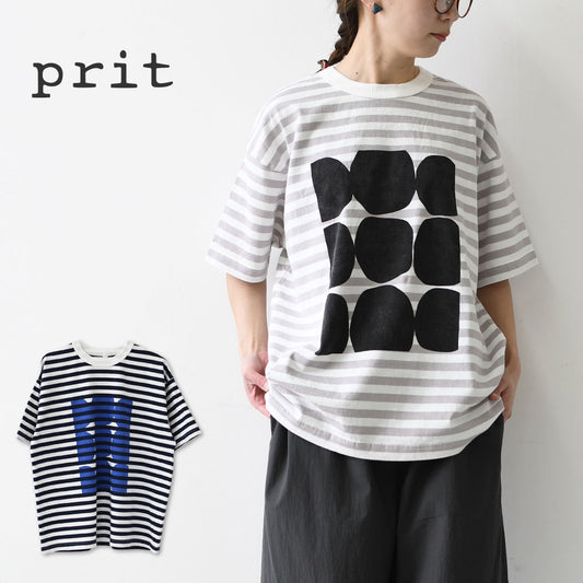 prit [プリット] 18/1空紡度詰天竺ボーダーフレームドットプリントTシャツ [P92645] ボーダーTシャツ・ドットTシャツ・プリント・コットン・クルーネック・LADY'S [2026SS]