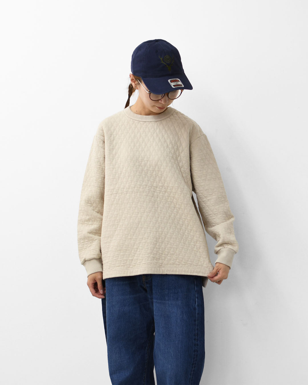 RINEN [リネン] 30/1オーガニック天竺ダイヤキルティング クルーネック [R17610] クルーネックスウェット・クルーネック・ダイヤキルティング・コットン・長袖・オーガニック・LADY'S [2025AW]