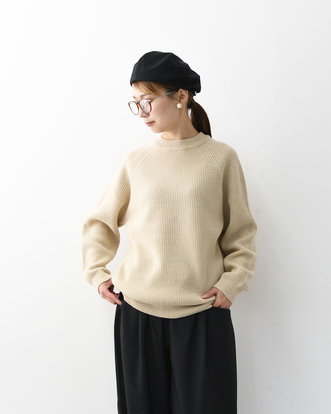 RINEN [リネン] 2/14ウールアゼ編み クルーネック [R17683-W] ニット・ウールニット・クルーネック・シンプルニット・あったかニット・LADY'S [2025AW]