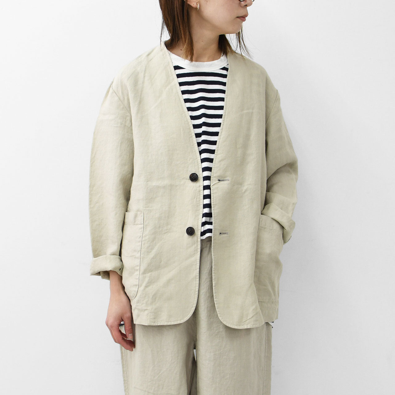 RINEN [リネン] 40/1リネン平織ノーカラージャケット [R29502]  [2024SS]
