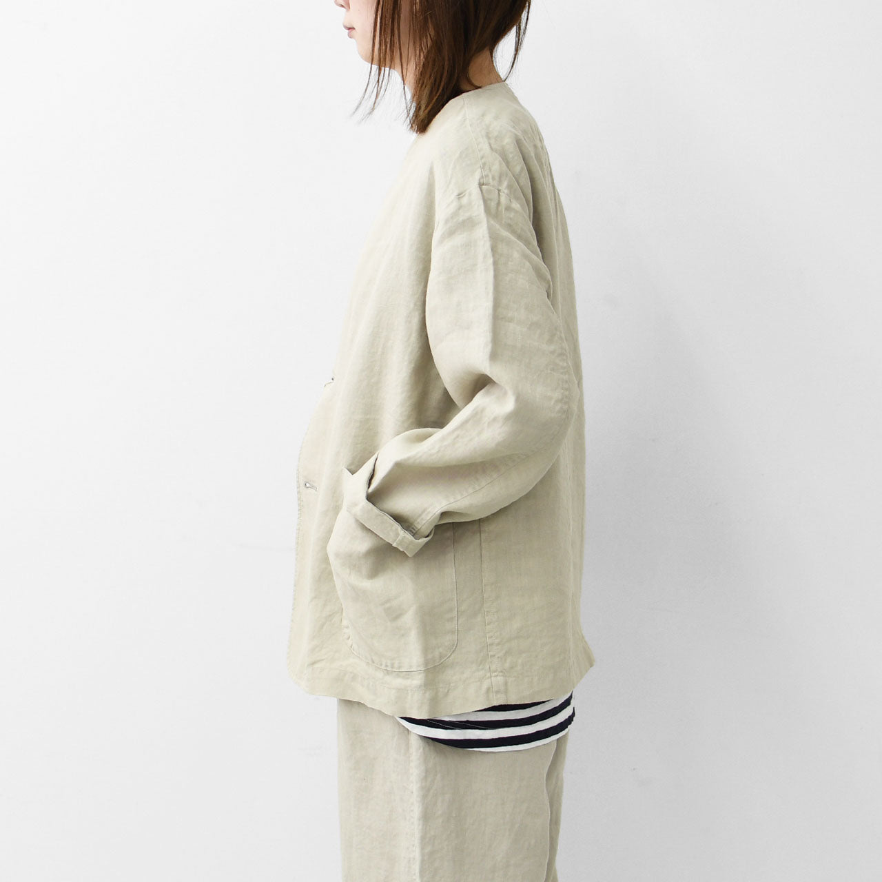RINEN [リネン] 40/1リネン平織ノーカラージャケット [R29502]  [2024SS]