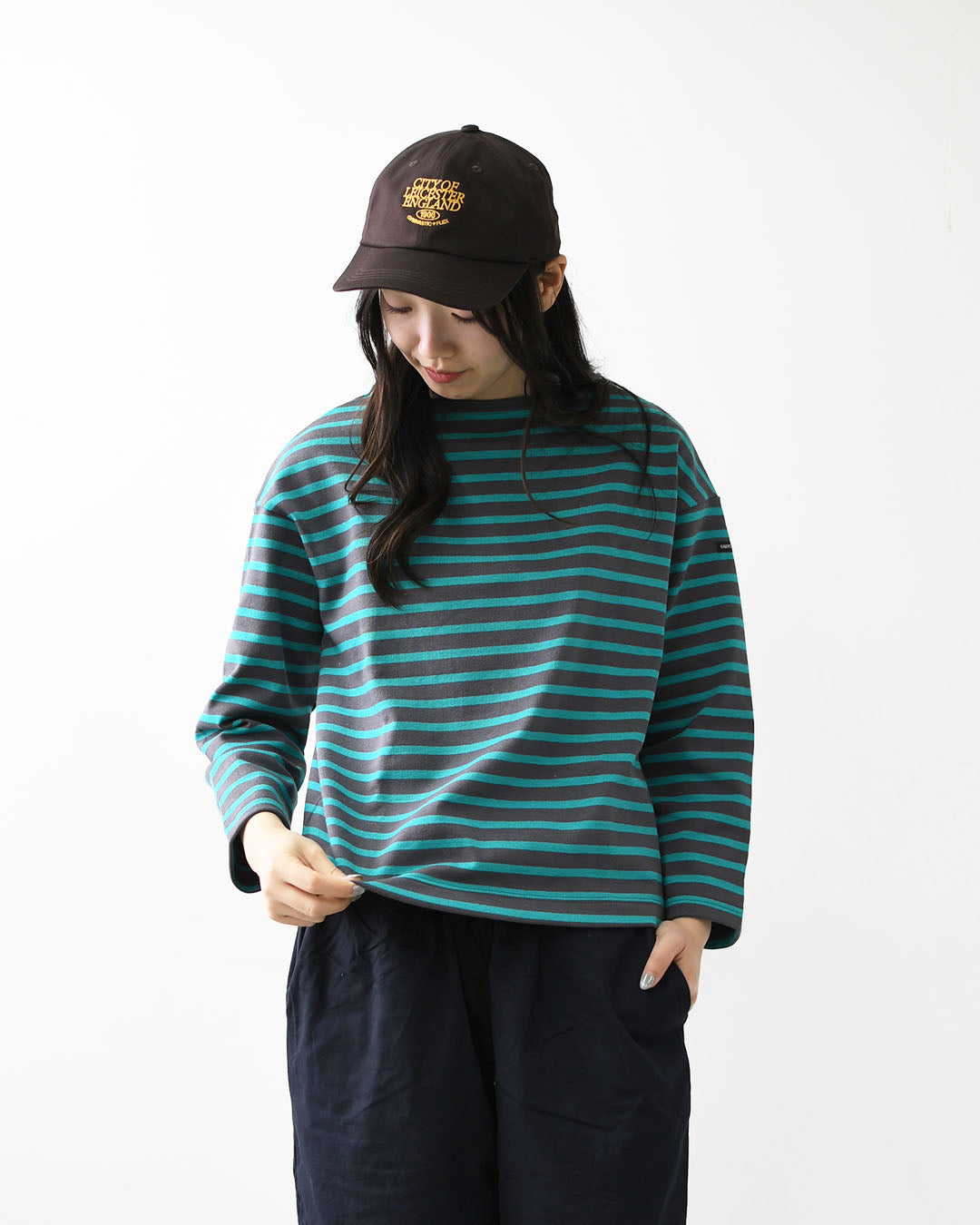 SAINT JAMES [セントジェームス 正規販売店] 20JC OUESS LOOSE BORDER - DARKGREY/EMERALDGREEN [20jclb-dgy-em] ウェッソンルーズ ボーダー・カットソー・長袖・コットン・ボートネック・MEN'S / LADY'S [2026AW]
