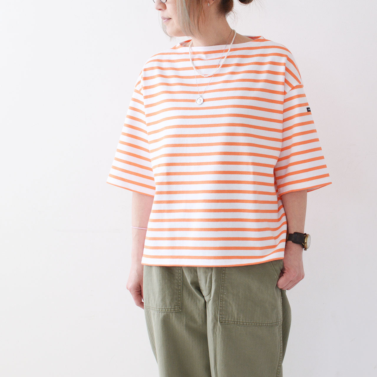 SAINT JAMES [セントジェームス 正規販売店] 20JC TEE LOOSE BORDER NEIGE×ORANGE.FLUO [20jcbo-nei-or] ボーダー(ﾎﾜｲﾄ×ｵﾚﾝｼﾞ)[2024SS]