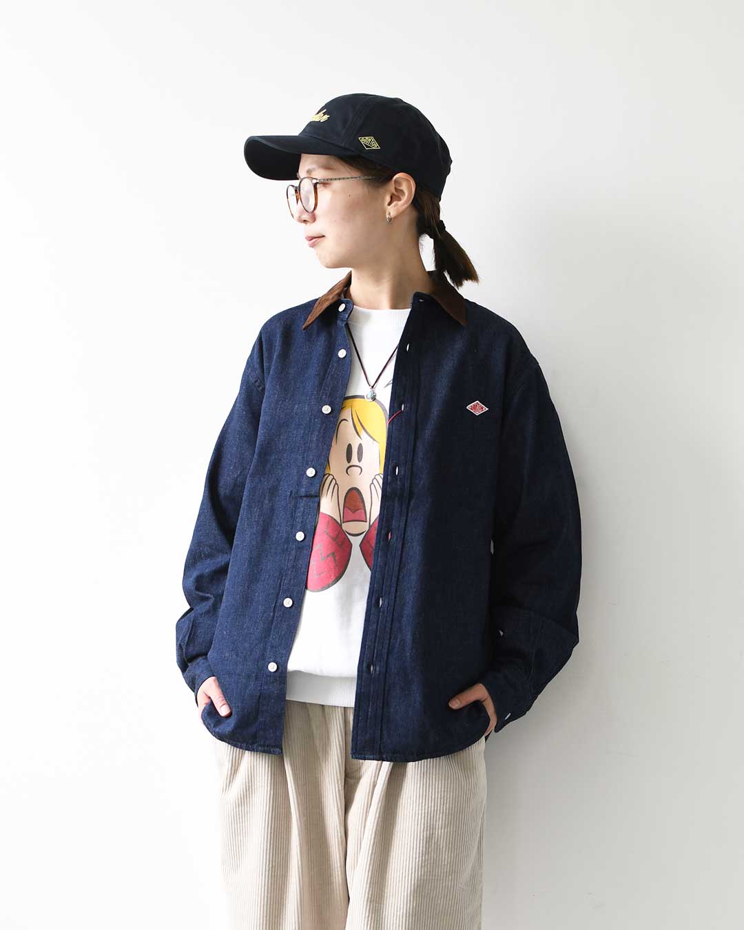 DANTON [ダントン] W Denim Corduroy Collar Shirt [DT-B0489SDM] デニムコーデュロイカラーシャツ・デニムシャツ・レギュラーカラーシャツ・コーデュロイ襟・長袖・ライトデニム・LADY'S [2026AW]