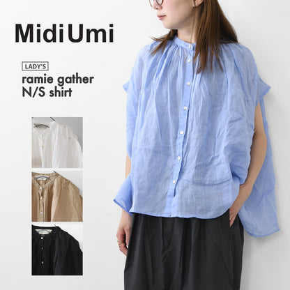 MidiUmi [ミディウミ] ramie gather N/S shirt  [2-730179] ラミーギャザーノースリーブシャツ・フレンチスリーブシャツ・透け感・ワイドシルエット・ノースリーブ・無地・シンプル・カジュアル・きれいめ・LADY'S [2026SS]