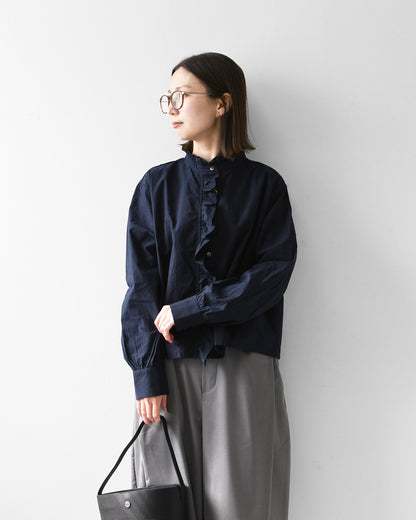 MidiUmi [ミディウミ] frill short shirt [3-730296] フリルショートシャツ・ヴィンテージライク・バンドカラー・無地・シンプル・LADY'S [2026AW]