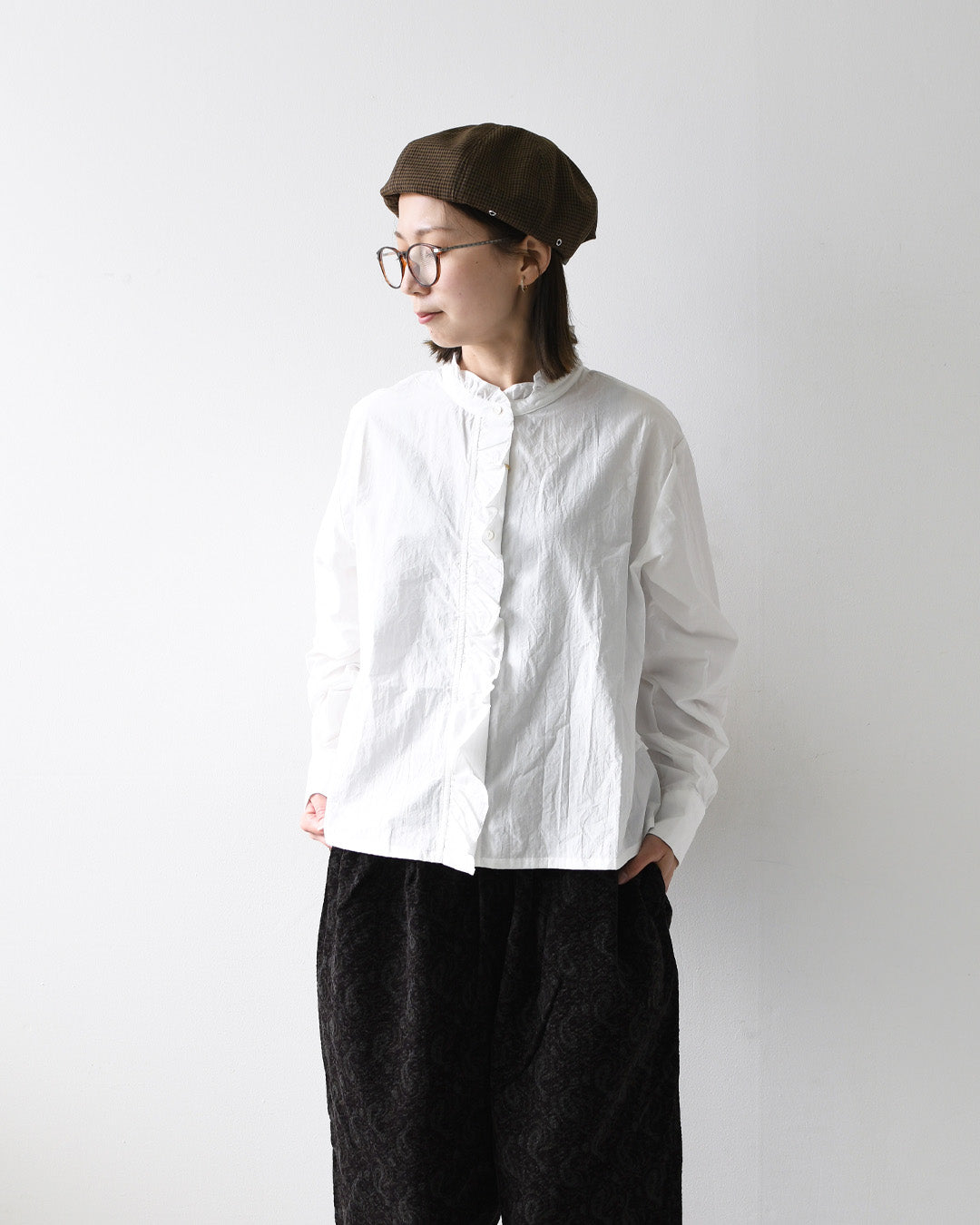 MidiUmi [ミディウミ] frill short shirt [3-730296] フリルショートシャツ・ヴィンテージライク・バンドカラー・無地・シンプル・LADY'S [2026AW]