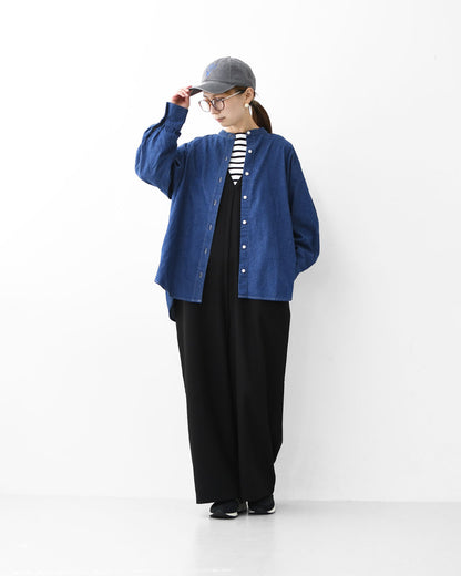 MidiUmi [ミディウミ]  tuck sleeve denim shirt  [3-739959] タックスリーブデニムシャツ・コットンシャツ・長袖・無地・ストーンウォッシュ・バンドカラー・カジュアル・LADY'S [2025AW]