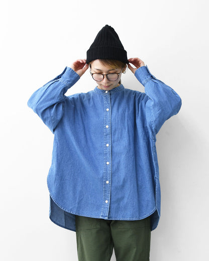 MidiUmi [ミディウミ]  tuck sleeve denim shirt  [3-739959] タックスリーブデニムシャツ・コットンシャツ・長袖・無地・ストーンウォッシュ・バンドカラー・カジュアル・LADY'S [2025AW]