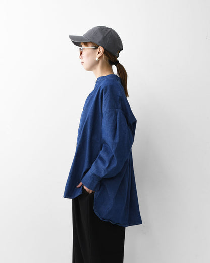 MidiUmi [ミディウミ]  tuck sleeve denim shirt  [3-739959] タックスリーブデニムシャツ・コットンシャツ・長袖・無地・ストーンウォッシュ・バンドカラー・カジュアル・LADY'S [2025AW]
