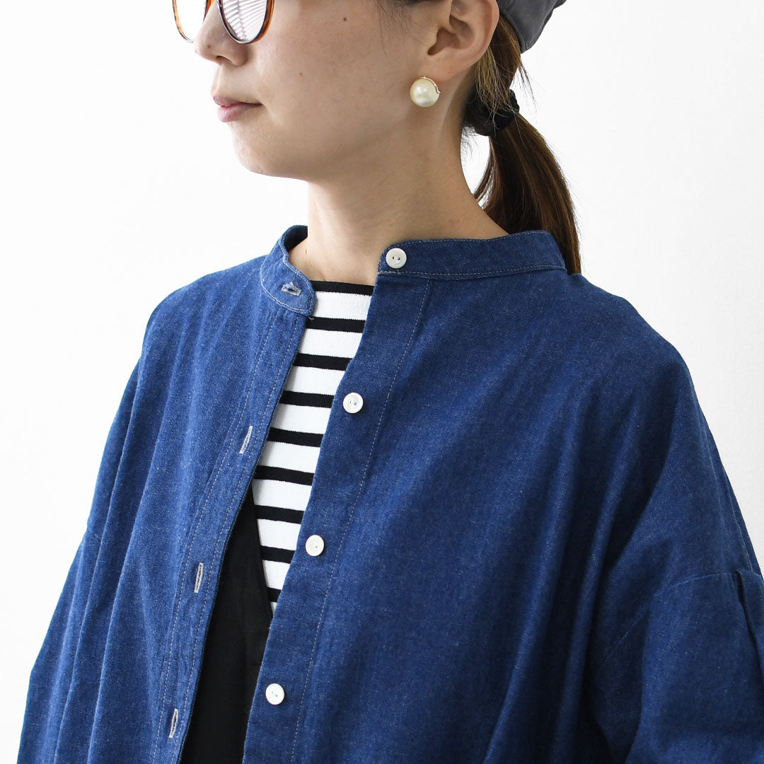 MidiUmi [ミディウミ]  tuck sleeve denim shirt  [3-739959] タックスリーブデニムシャツ・コットンシャツ・長袖・無地・ストーンウォッシュ・バンドカラー・カジュアル・LADY'S [2025AW]