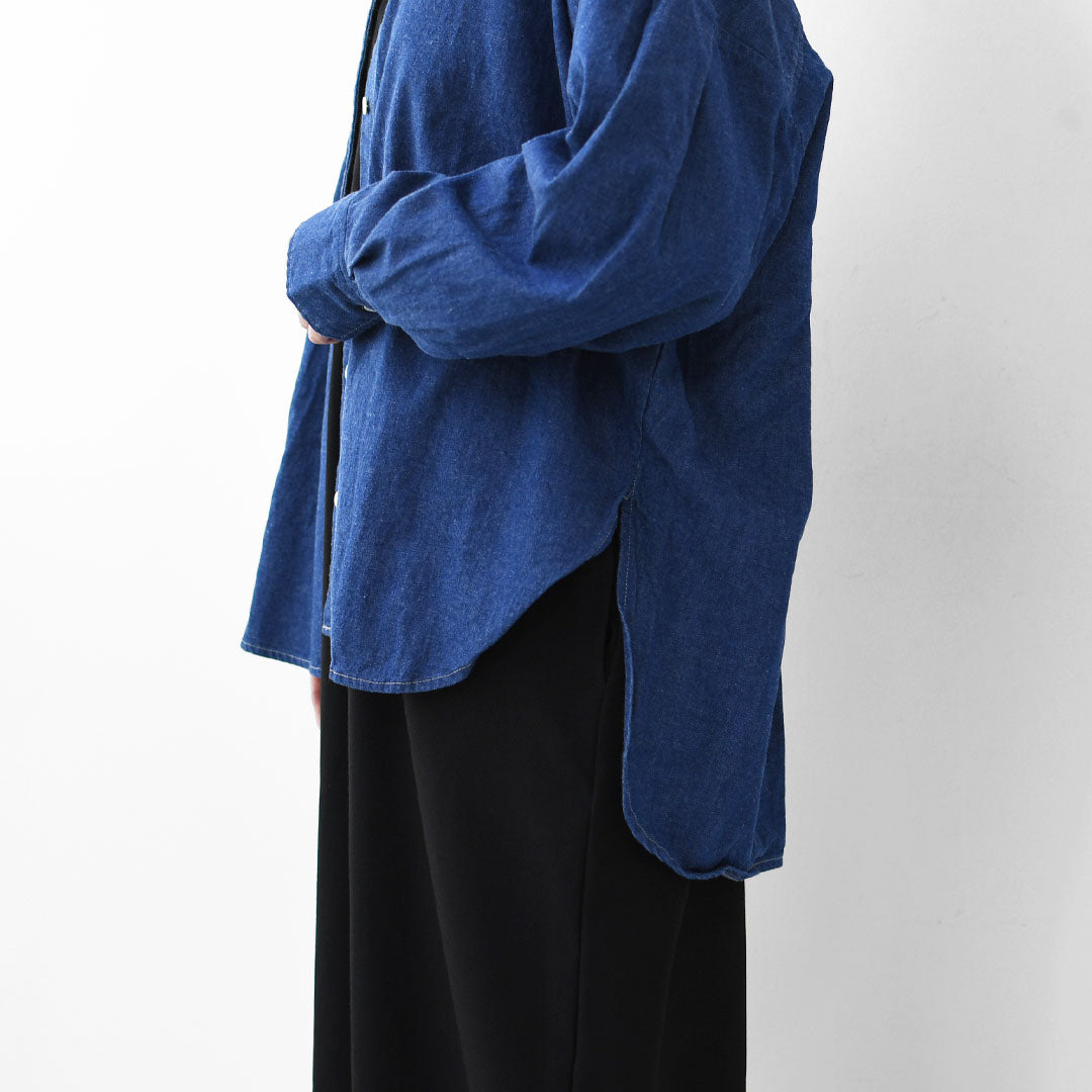 MidiUmi [ミディウミ]  tuck sleeve denim shirt  [3-739959] タックスリーブデニムシャツ・コットンシャツ・長袖・無地・ストーンウォッシュ・バンドカラー・カジュアル・LADY'S [2025AW]