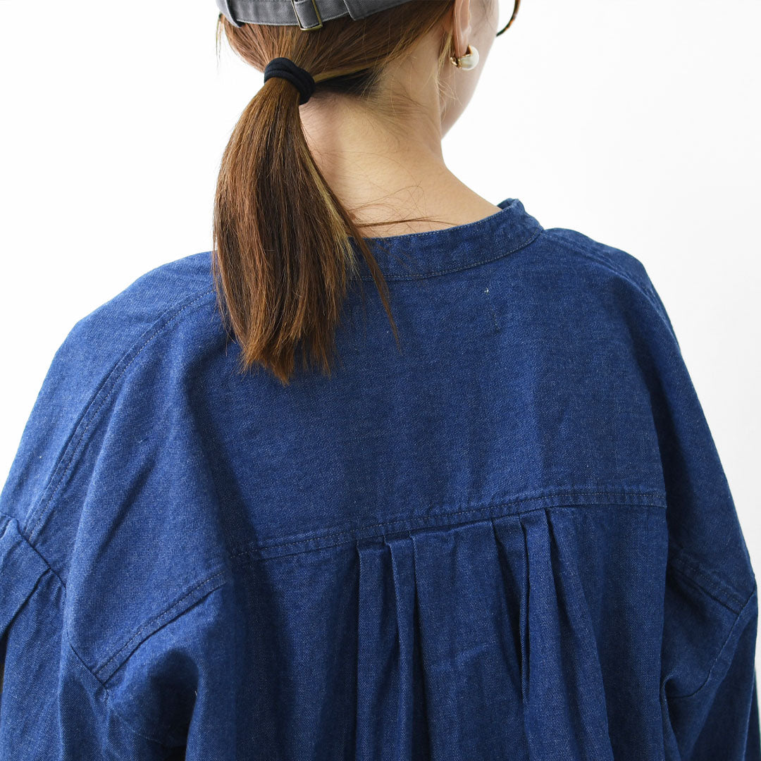 MidiUmi [ミディウミ]  tuck sleeve denim shirt  [3-739959] タックスリーブデニムシャツ・コットンシャツ・長袖・無地・ストーンウォッシュ・バンドカラー・カジュアル・LADY'S [2025AW]