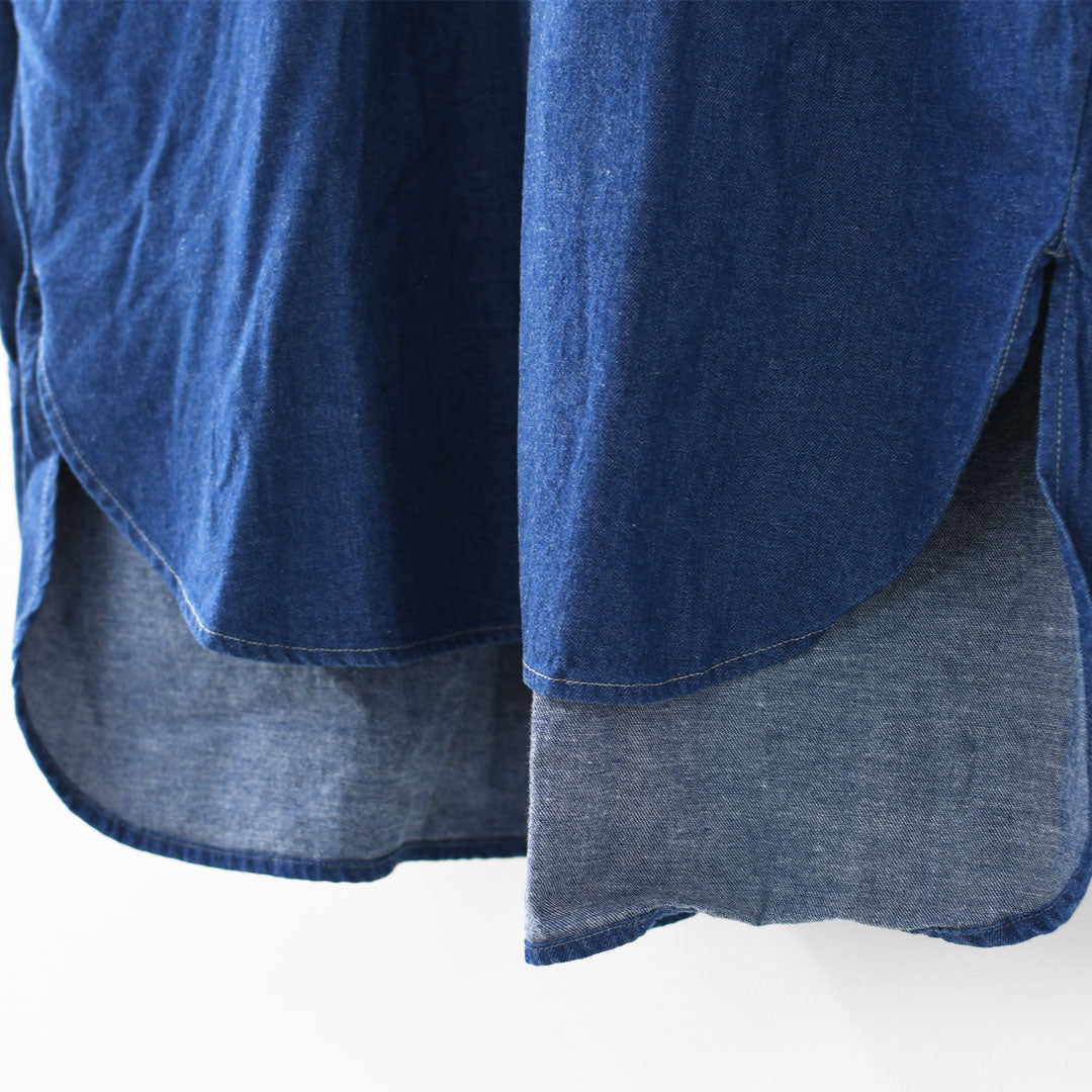 MidiUmi [ミディウミ]  tuck sleeve denim shirt  [3-739959] タックスリーブデニムシャツ・コットンシャツ・長袖・無地・ストーンウォッシュ・バンドカラー・カジュアル・LADY'S [2025AW]