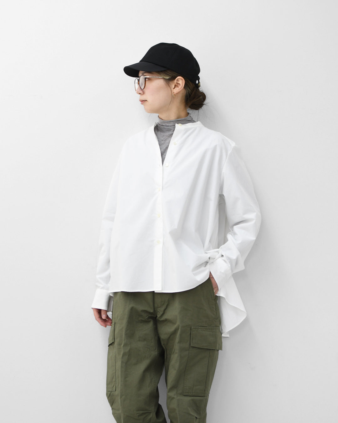 MidiUmi [ミディウミ] A line band collar shirt [3-73999661] Aラインバンドカラーシャツ・Aライン・バンドカラー・無地・シンプル・LADY'S [2026SS]