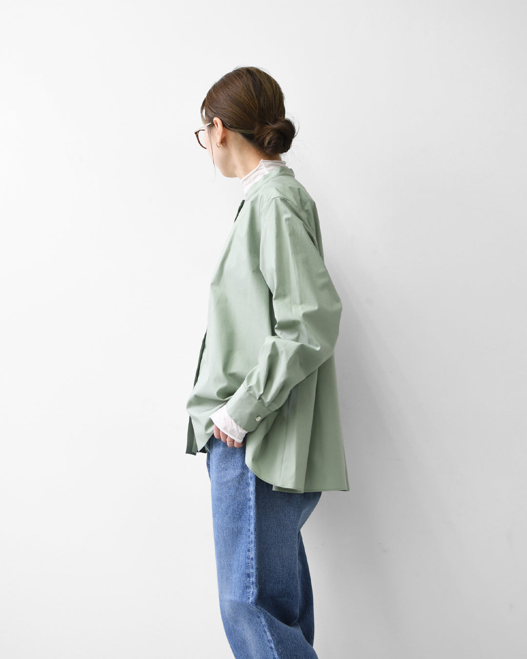 MidiUmi [ミディウミ] A line band collar shirt [3-73999661] Aラインバンドカラーシャツ・Aライン・バンドカラー・無地・シンプル・LADY'S [2026SS]
