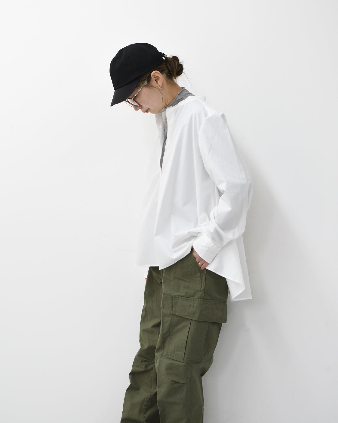 MidiUmi [ミディウミ] A line band collar shirt [3-73999661] Aラインバンドカラーシャツ・Aライン・バンドカラー・無地・シンプル・LADY'S [2026SS]