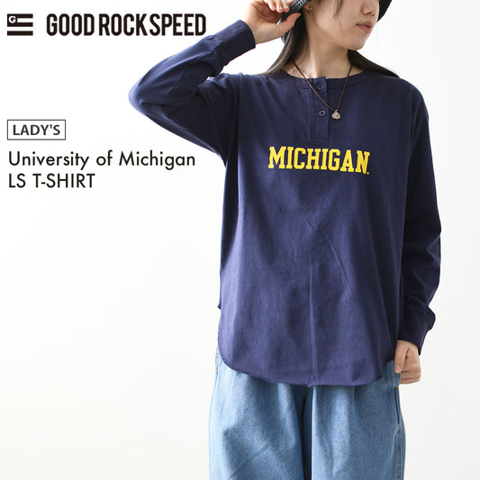 GOOD ROCK SPEED [グッドロックスピード] University of Michigan LS T-SHIRT [26MCG001W] ユニバーシティオフミシガン ロングスリーブTシャツ・ 綿TEE・長袖・ロングスリーブ・プリントTEE・カレッジT・ヘンリーネック・LADY'S [2026SS]