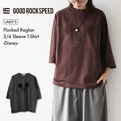 GOOD ROCK SPEED [グッドロックスピード] Flocked Raglan 3/4 Sleeve T-Shirt -Disney- [FDS205W] フロッキーラグラン 3/4 スリーブTシャツ・ 綿TEE・3/4スリーブ・クルーネック・プリントT・LADY'S [2026AW]