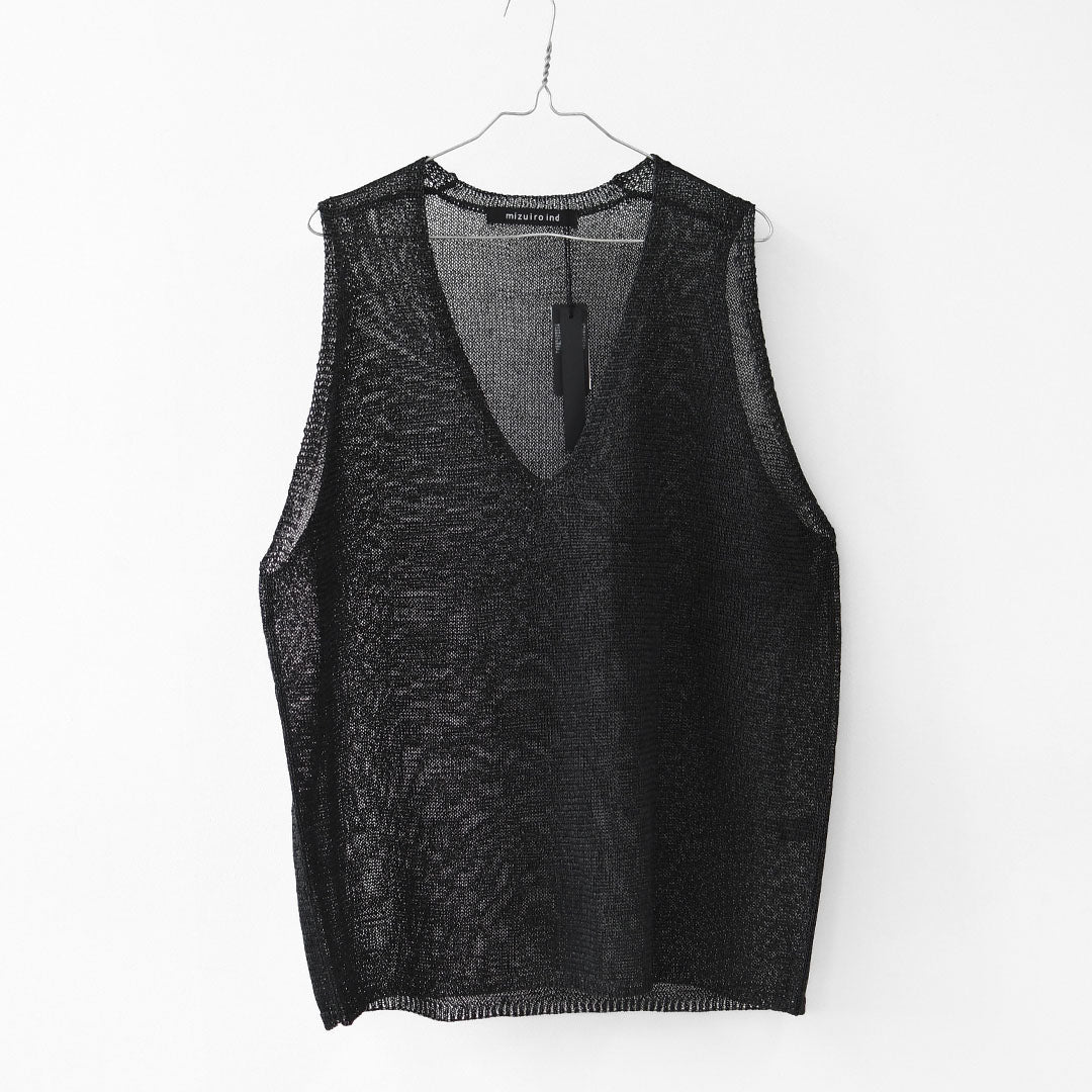 mizuiro ind [ミズイロ インド] wide V neck vest [1-220062]  ワイドVネックベスト・ワイドシルエット・ゆったりシルエット・透け感・リネンライク・テープヤーン編み・レイヤード・LADY'S [2026SS]
