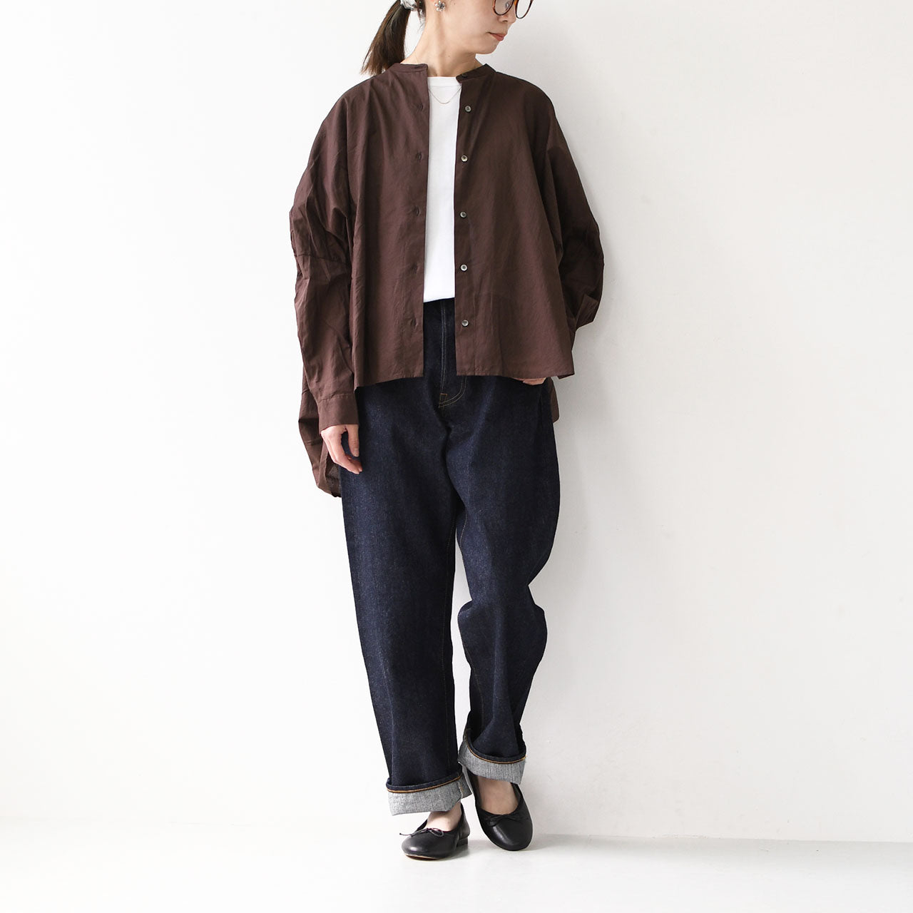mizuiro ind [ミズイロ インド] back gather wide shirt [1-238975] バックギャザーワイドシャツ・コットンシャツ・ブラウス・バックギャザー・長袖・ワイドシルエット・LADY'S[2026ss]