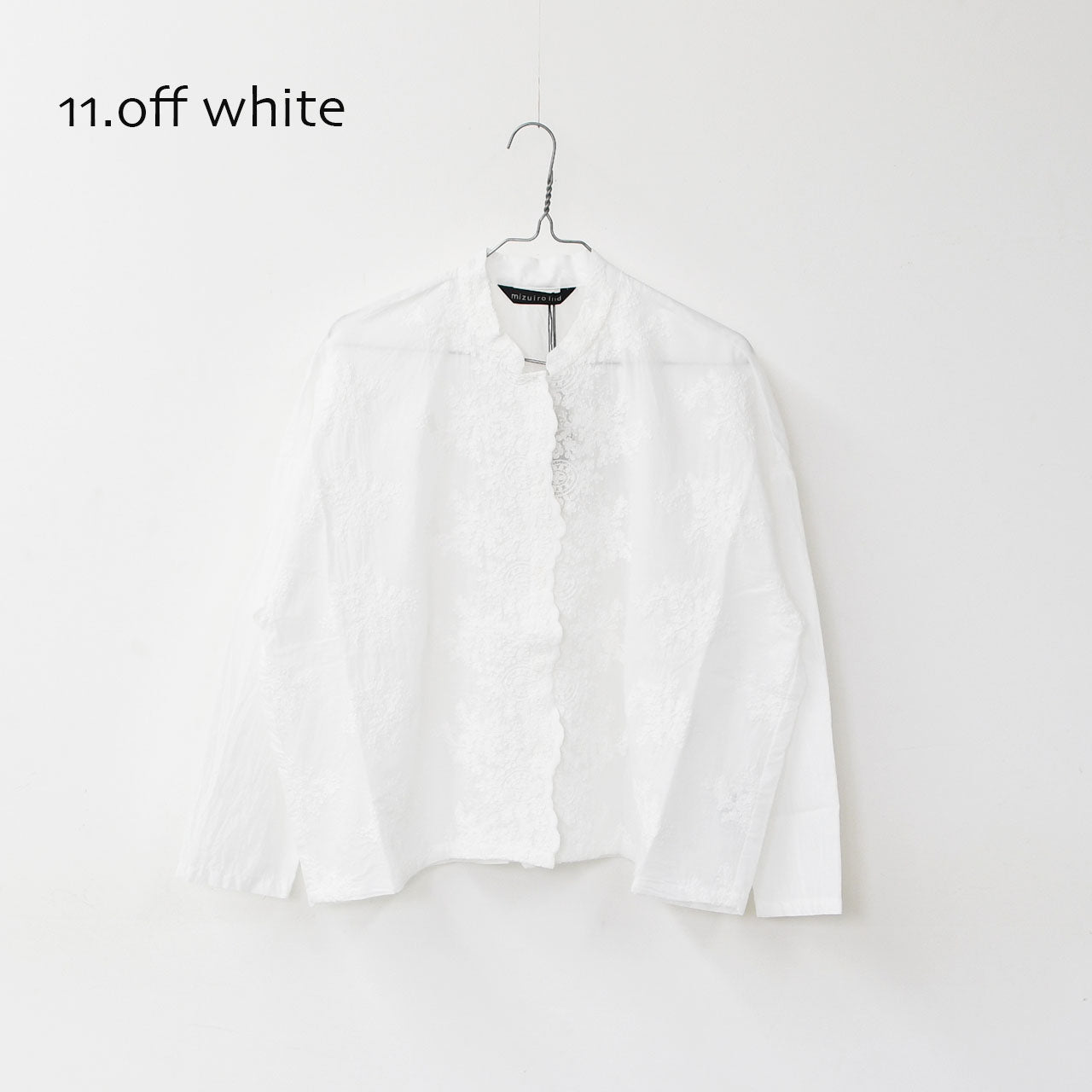 mizuiro ind [ミズイロ インド] lace stand collar wide shirt [1-239005] レーススタンドカラーワイドシャツ [2025AW]