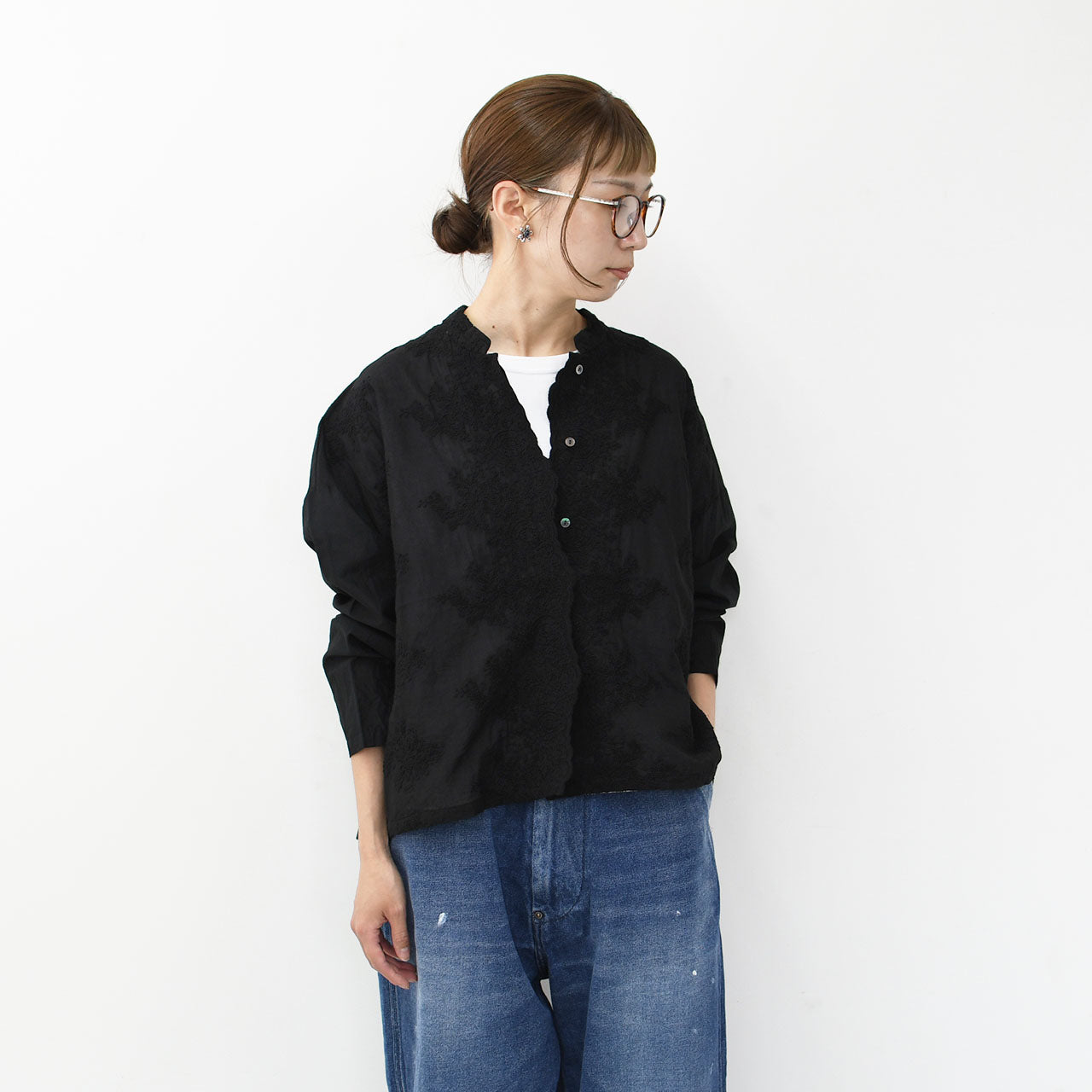 mizuiro ind [ミズイロ インド] lace stand collar wide shirt [1-239005] レーススタンドカラーワイドシャツ [2025AW]