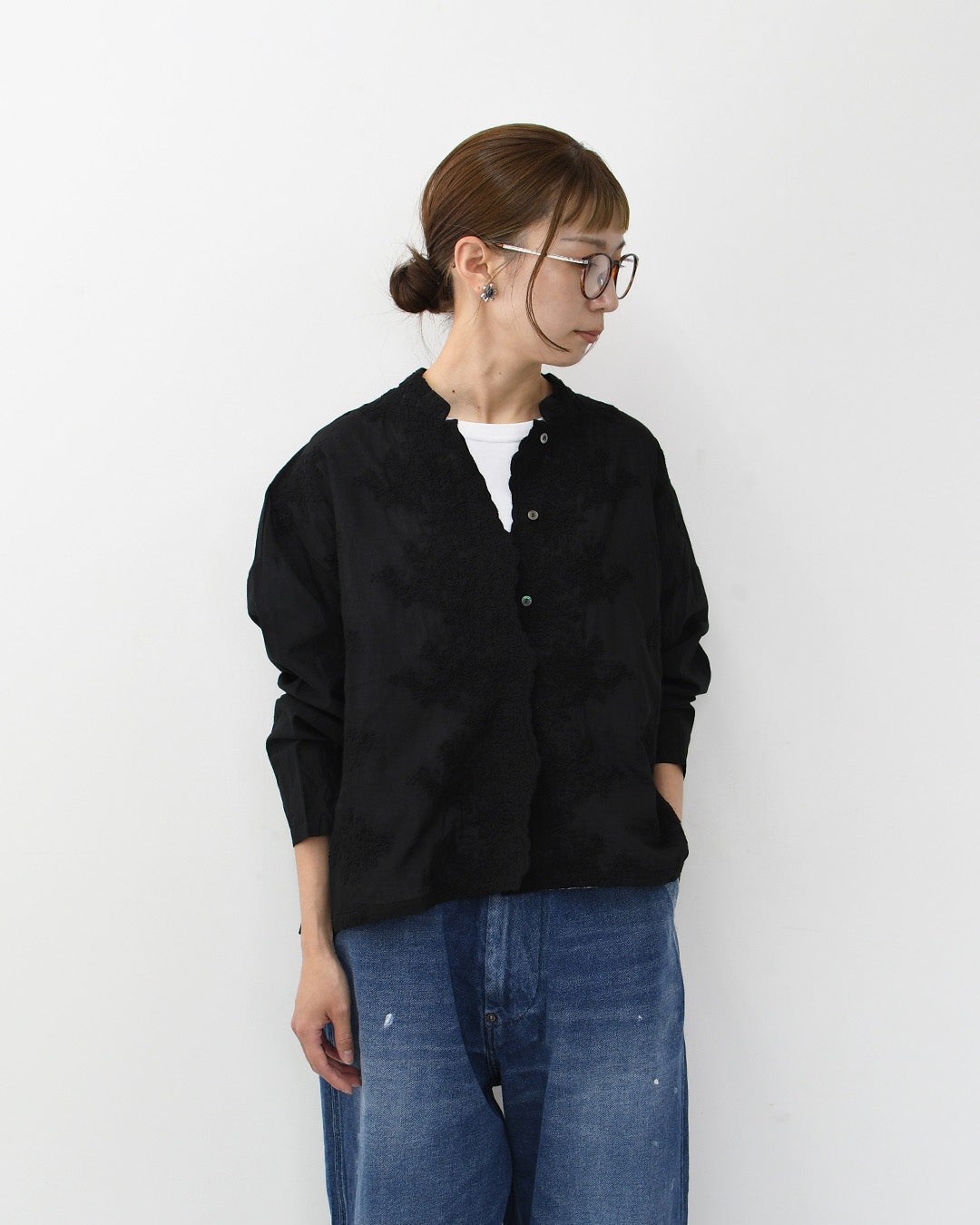 mizuiro ind [ミズイロ インド] lace stand collar wide shirt [1-239005] レーススタンドカラーワイドシャツ [2026AW]