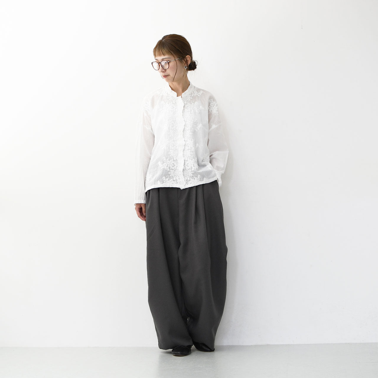 mizuiro ind [ミズイロ インド] lace stand collar wide shirt [1-239005] レーススタンドカラーワイドシャツ [2025AW]