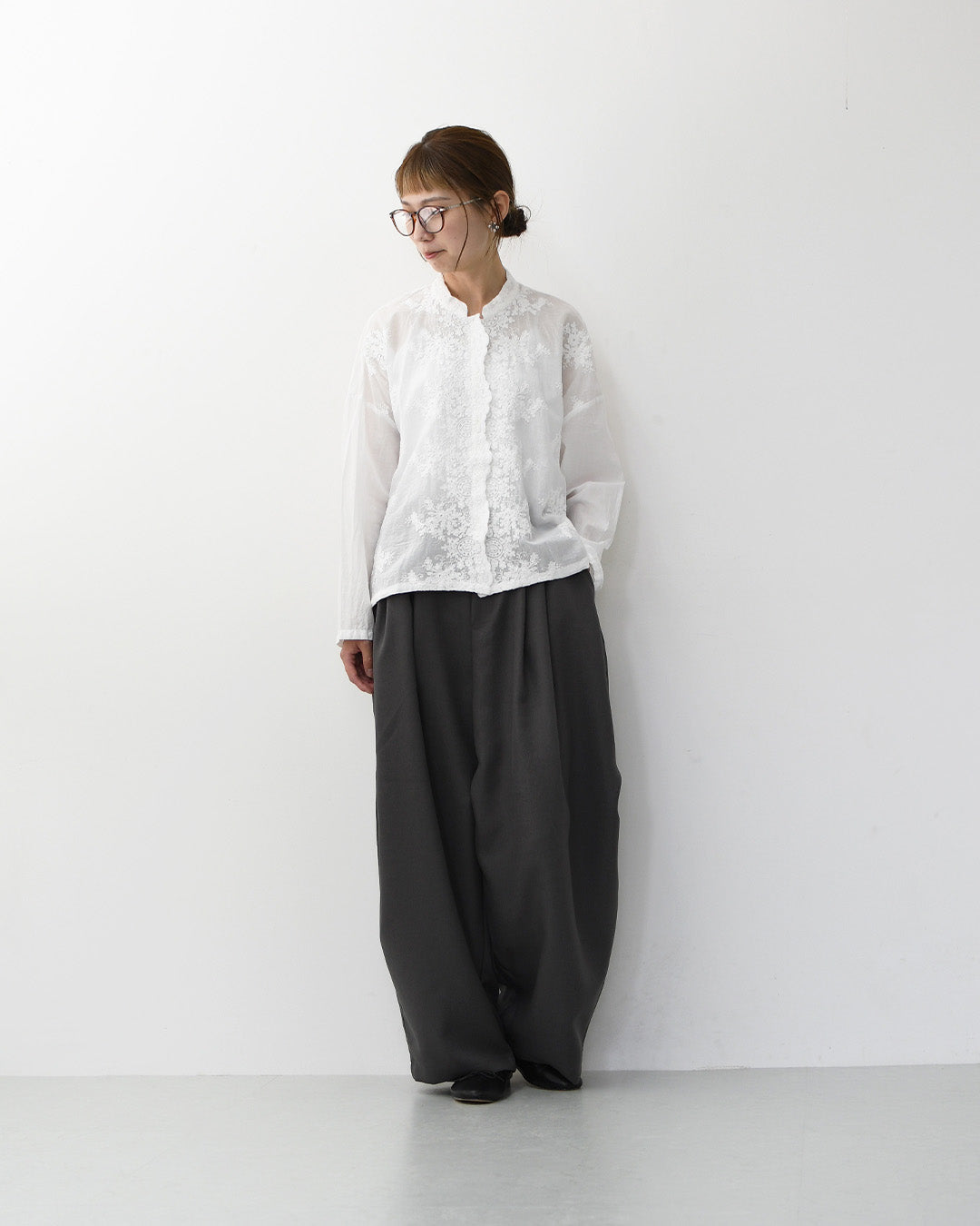 mizuiro ind [ミズイロ インド] lace stand collar wide shirt [1-239005] レーススタンドカラーワイドシャツ [2026AW]