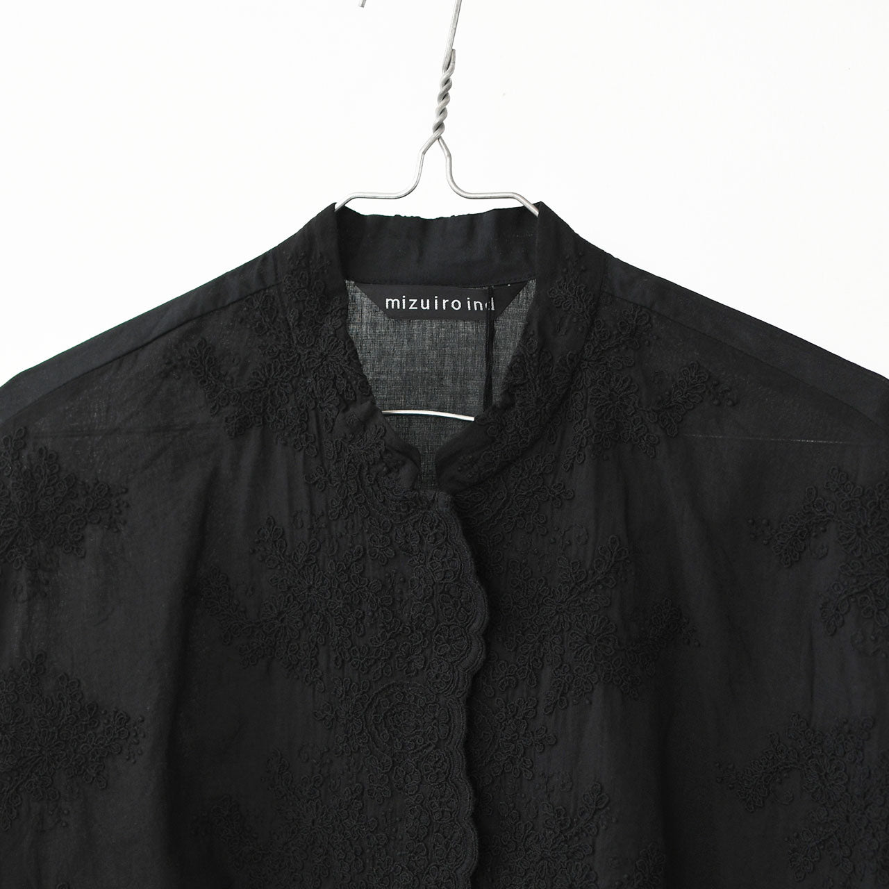 mizuiro ind [ミズイロ インド] lace stand collar wide shirt [1-239005] レーススタンドカラーワイドシャツ [2025AW]