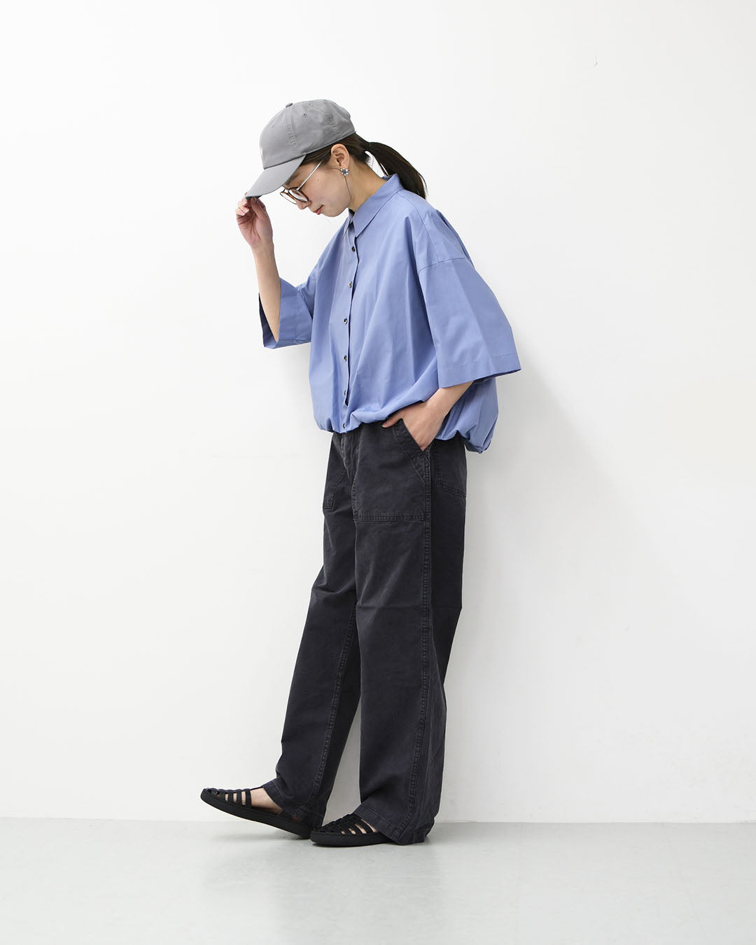 mizuiro ind [ミズイロインド]half slv ballon shirt [2-230128] ハーフスリーブバルーンシャツ・バルーンシャツ・裾バルーン・5分袖シャツ・LADY'S [2026SS]