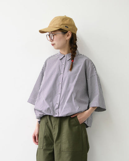 mizuiro ind [ミズイロインド] stripe half slv ballon shirt [2-230129] ストライプハーフスリーブバルーンシャツ・ストライプシャツ・ギンガムチェック・リラックスシルエット・LADY'S [2026SS]