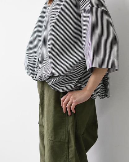 mizuiro ind [ミズイロインド] stripe half slv ballon shirt [2-230129] ストライプハーフスリーブバルーンシャツ・ストライプシャツ・ギンガムチェック・リラックスシルエット・LADY'S [2026SS]
