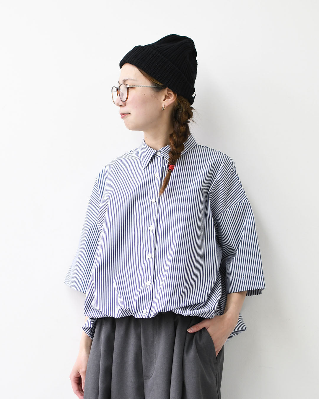 mizuiro ind [ミズイロインド] stripe half slv ballon shirt [2-230129] ストライプハーフスリーブバルーンシャツ・ストライプシャツ・ギンガムチェック・リラックスシルエット・LADY'S [2026SS]