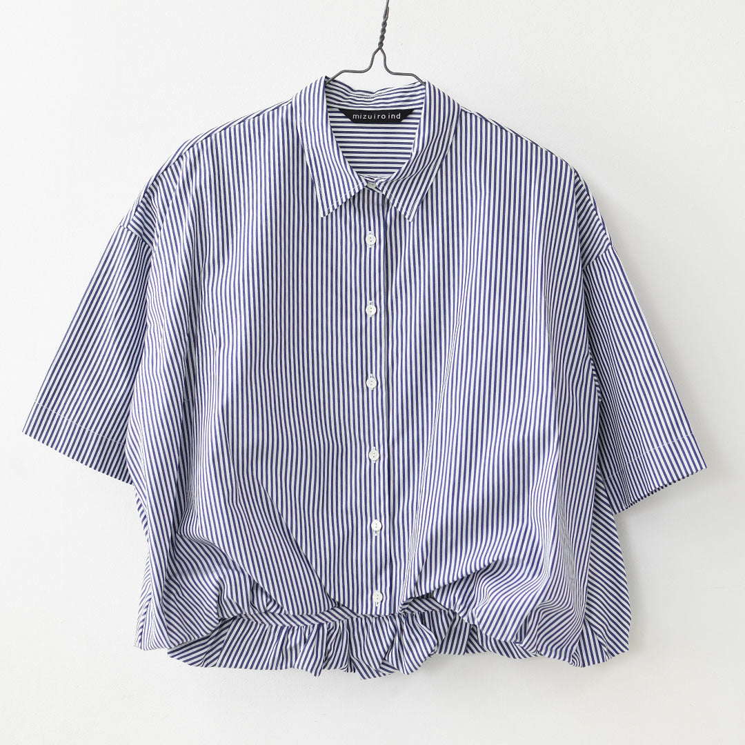 mizuiro ind [ミズイロインド] stripe half slv ballon shirt [2-230129] ストライプハーフスリーブバルーンシャツ・ストライプシャツ・ギンガムチェック・リラックスシルエット・LADY'S [2026SS]