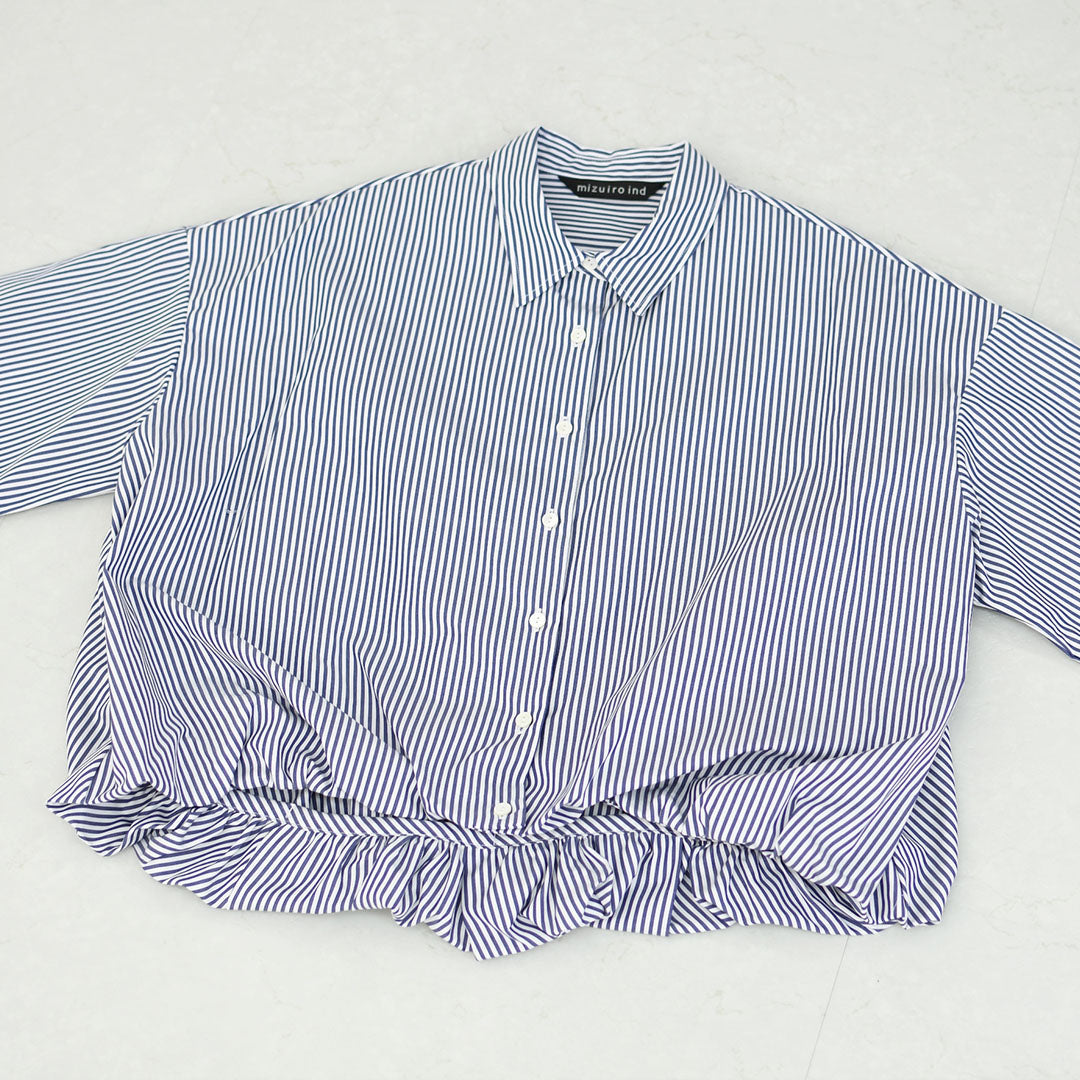 mizuiro ind [ミズイロインド] stripe half slv ballon shirt [2-230129] ストライプハーフスリーブバルーンシャツ・ストライプシャツ・ギンガムチェック・リラックスシルエット・LADY'S [2026SS]