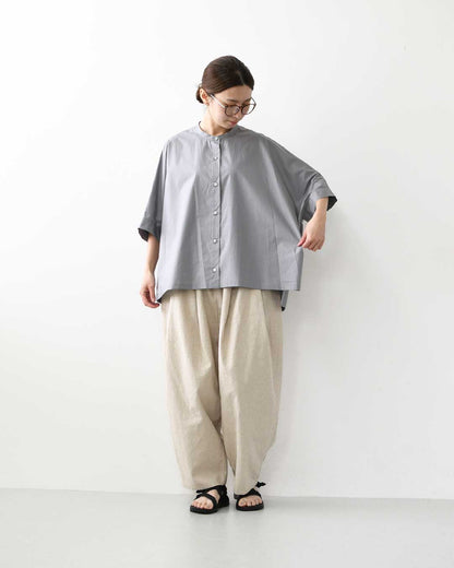 mizuiro ind [ミズイロ インド] half slv stand collar wide shirt [2-230132] ハーフスリーブスタンドカラーワイドシャツ・コットンシャツ・シンプル・きれいめ・七分袖・LADY'S [2026SS]