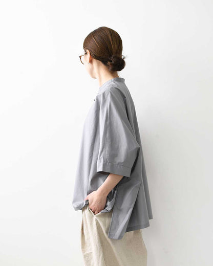 mizuiro ind [ミズイロ インド] half slv stand collar wide shirt [2-230132] ハーフスリーブスタンドカラーワイドシャツ・コットンシャツ・シンプル・きれいめ・七分袖・LADY'S [2026SS]