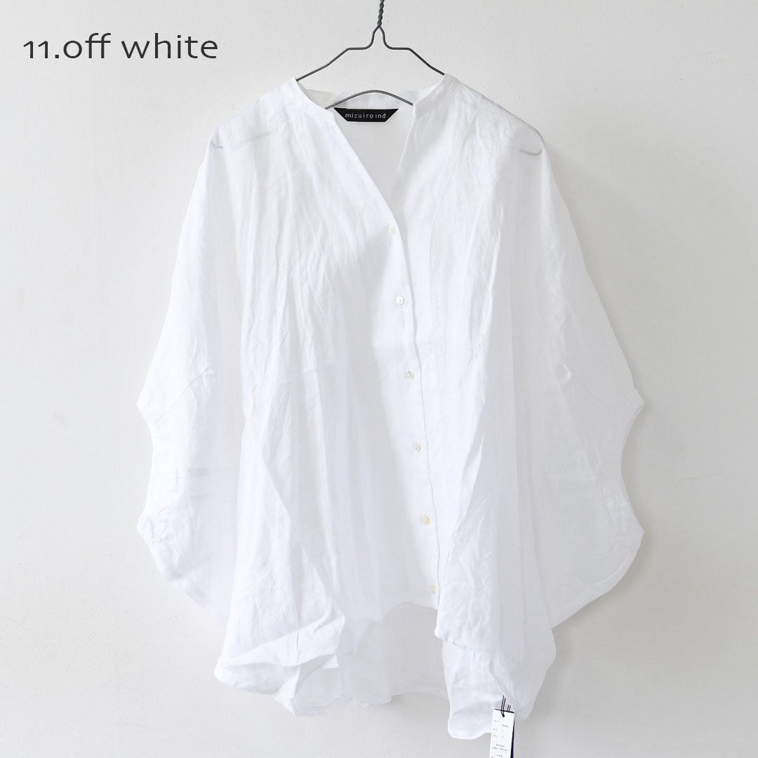 mizuiro ind [ミズイロ インド] linen stand collar cocoon shirt [2-230136] リネンスタンドカラーコクーンシャツ・コクーンシルエット・ワイドシルエット・スタンドカラーシャツ・ゆったりシルエット・通気性・吸湿性・LADY'S [2026SS]