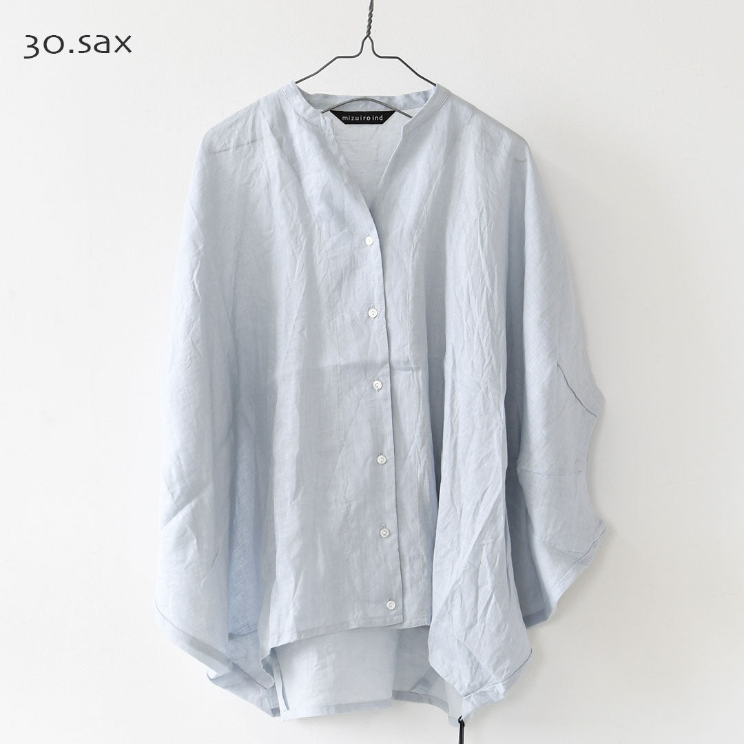 mizuiro ind [ミズイロ インド] linen stand collar cocoon shirt [2-230136] リネンスタンドカラーコクーンシャツ・コクーンシルエット・ワイドシルエット・スタンドカラーシャツ・ゆったりシルエット・通気性・吸湿性・LADY'S [2026SS]