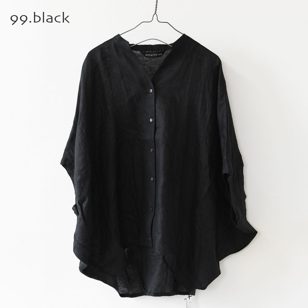 mizuiro ind [ミズイロ インド] linen stand collar cocoon shirt [2-230136] リネンスタンドカラーコクーンシャツ・コクーンシルエット・ワイドシルエット・スタンドカラーシャツ・ゆったりシルエット・通気性・吸湿性・LADY'S [2026SS]